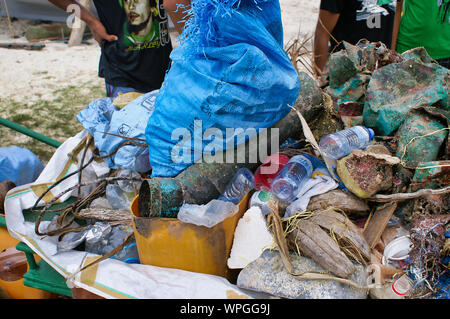 A garbage on a beach, coral cleaning initiative, Maafushi, Maldives. Stock Photo