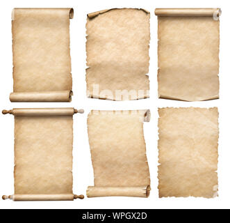 old papers or parchment six scrolls or parchments set isolated on white Stock Photo