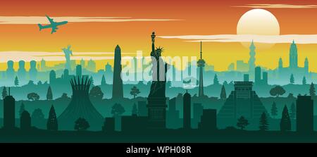 america famous landmark silhouette style with row design on sunset time,vector illustration Stock Vector