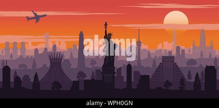 america famous landmark silhouette style with row design on sunset time,vector illustration Stock Vector