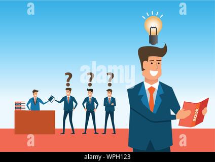 concept business art,businessman read book and get in idea compare with before that they confuse and has know creative thinking,vector illustration Stock Vector