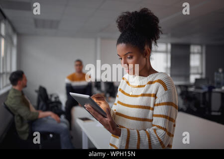 Portrait of a young Brazilian businesswoman using tablet and her colleagues working together in the background in South America Stock Photo