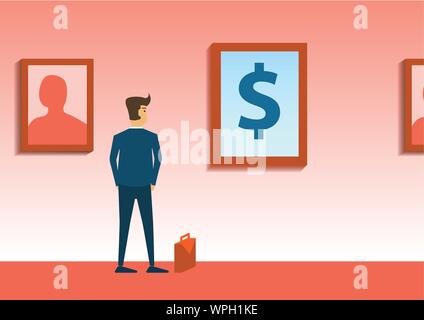 businessman look interest to money picture in art gallery,cartoon version,vector illustration Stock Vector