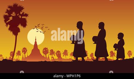 food offering to a monk or ask as a favour receive food or ask for alms,routine of monk,walking pass famous pagoda of myanmar,vector illustration Stock Vector
