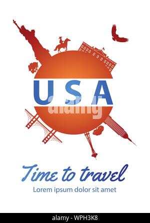 famous landmark of usa  on globe brochure design in national flag color design theme,time to travel,vector illustration Stock Vector