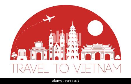 vietnam top famous landmark silhouette and dome with blue color style, welcome to vietnam,travel and tourism,vector illustration Stock Vector