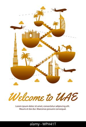 UAE famous landmark silhouette style on float island connect link with stair,dessert color design,travel and tourism,vector illustration Stock Vector