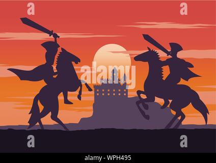 knight fighting on horse nearby castle on sunset time,vintage color,vector illustration Stock Vector
