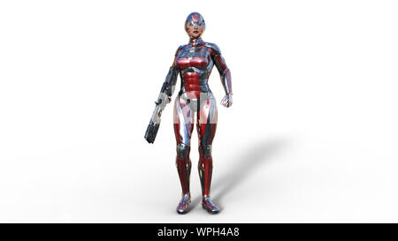 Futuristic android soldier woman in bulletproof armor, military cyborg girl armed with sci-fi rifle gun standing on white background, 3D rendering Stock Photo