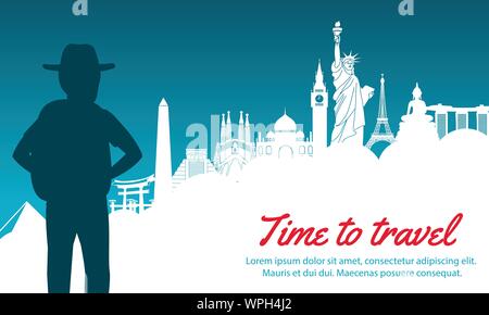 adventurer look to world landmark ahead,silhouette design,vector illustration,green blue gradient,concept artwork Stock Vector