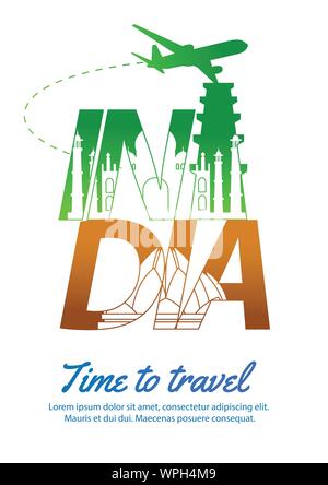 India famous landmark silhouette style inside text,national flag color green and orange design,vector illustration Stock Vector