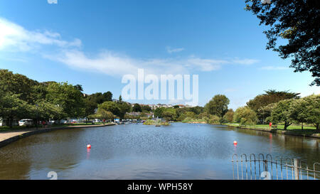 A panoramic view of Trenance Boating Lake in Trenance Park in Newquay in Cornwall. Stock Photo
