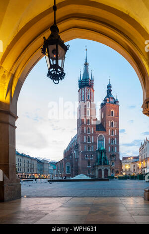 Dawn at St Mary's church on the market square in Krakow old town, Poland. Stock Photo