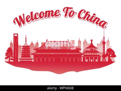China famous landmark silhouette style on float island,travel and tourism,red color,vector illustration Stock Vector
