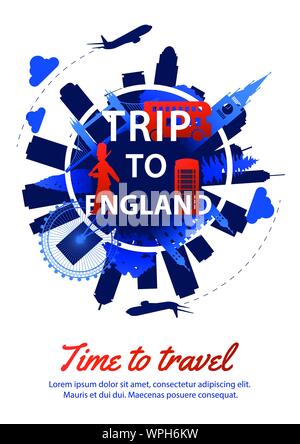 England top famous landmark silhouette style around text,national flag color red and blue design,travel and tourism,vector illustration Stock Vector