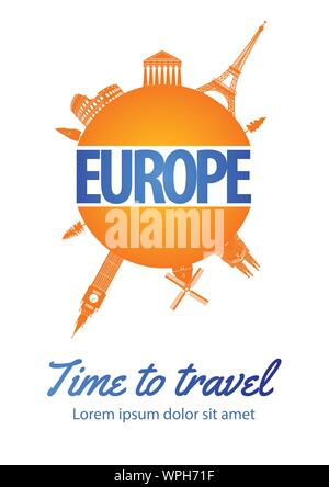famous landmark of Europe  on globe brochure design in national symbol color design theme,time to travel,vector illustration Stock Vector