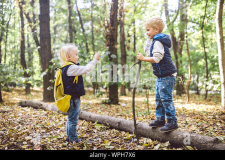 Children preschoolers Caucasian brother and sister take pictures of each other on mobile phone camera in forest park autumn. theme of hobby and active Stock Photo