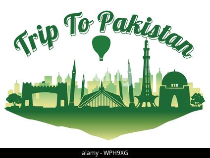 Pakistan famous landmark silhouette style on float island,travel and tourism,dark blue green color,vector illustration Stock Vector