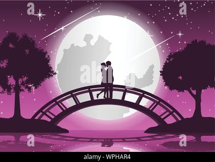 couple hug together and kiss on bridge that link between two coasts,concept art,vector illustration Stock Vector