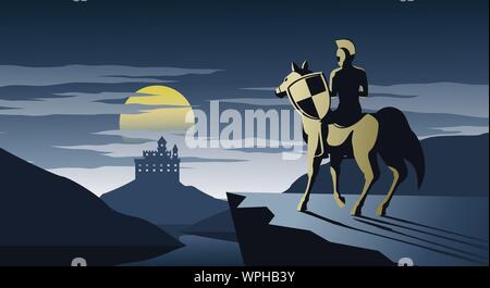 knight on horseback stand on cliff look to castle and try to go there,silent and scary night,silhouette design,vector illustration Stock Vector