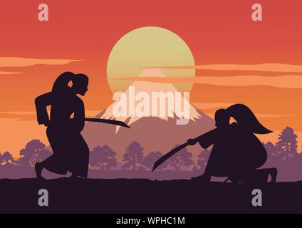 Japanese martial hero,samurai train fight each other front of Fuji mount sculpture on sunset time,silhouette style,vector illustration Stock Vector