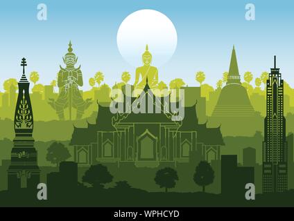 Thailand famous landmark silhouette style with row design on sunset time,green and blue color,vector illustration Stock Vector