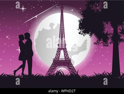 couple hug together and kiss near Eiffel tower and tree,concept art,vector illustration Stock Vector