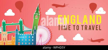 banner of England famous landmark silhouette colorful style,plane and balloon fly around with cloud,vector illustration Stock Vector