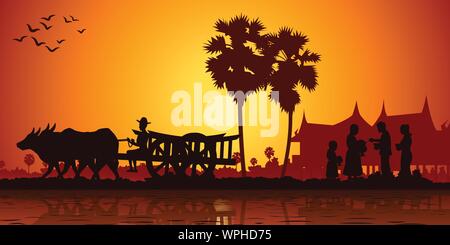 country life of Asia farmer ride cart to go to do work while monk receive food on sunrise time,silhouette style,vector illustration Stock Vector