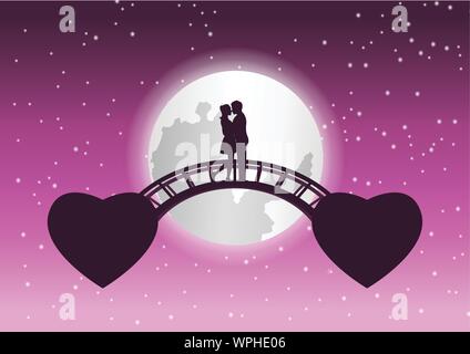 couple hug together and kiss on bridge that link between fly heart shape,concept art mean love link by haert,vector illustration Stock Vector
