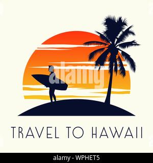 man hold surf board stand on island nearby palm tree, on sunset time,vintage and classic color, silhouette shirt design,vector illustration Stock Vector