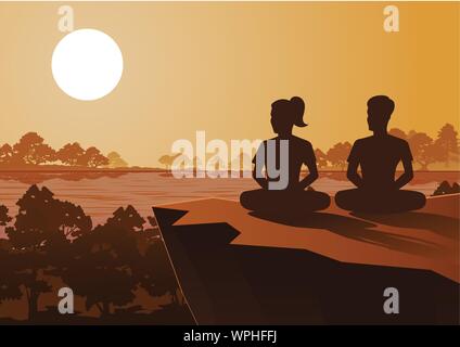 Buddhist woman and man train meditation to come to peace and out of suffer under the tree ,silhouette style vector illustration Stock Vector