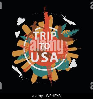 USA famous landmark silhouette overlay style around text,vintage design,vector illustration Stock Vector