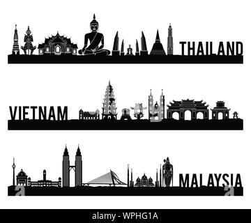 Thailand Vietnam and Malaysia famous landmark silhouette style with black and white classic color design include by country name,vector illustration Stock Vector