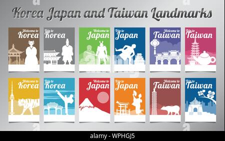 Korea Japan and Taiwan famous landmark and symbol in silhouette design with multi color style brochure set,vector illustration Stock Vector