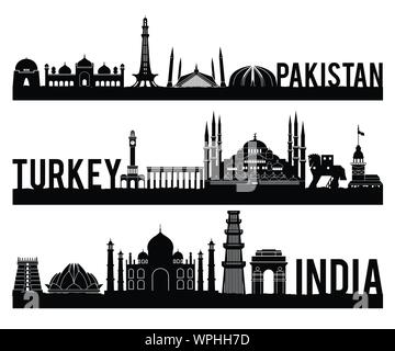 Pakistan Turkey India famous landmark silhouette style with black and white classic color design include by country name,vector illustration Stock Vector