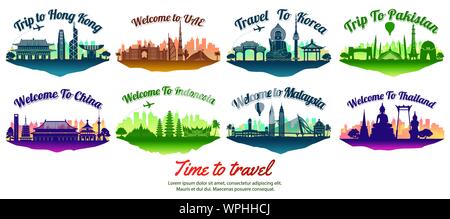 bundle of famous landmark of the Asia with silhouette style on float island,travel and tourism,vector illustration Stock Vector