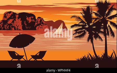 Nature scene of sea in summer,umbrella and cot are on beach,vintage color design,vector illustration Stock Vector