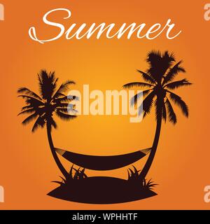 twin palm tree stand on island between hammock in summer theme of silhouette design,vector illustration Stock Vector