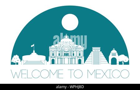 Mexico famous landmark silhouette style, text within, vector illustration Stock Vector