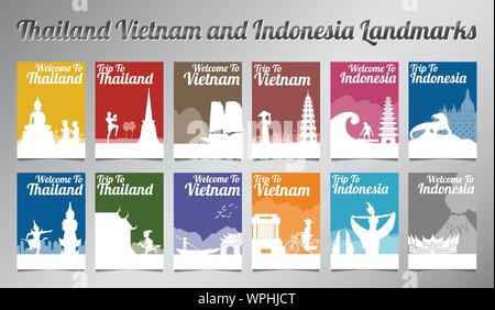 Thailand Vietnam and Indonesia famous landmark and symbol in silhouette design with multi color style brochure set,vector illustration Stock Vector