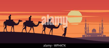 caravan Muslim ride camel to mosque of Dubai on sunset time,the tradition of Arabian,silhouette design,vector illustration Stock Vector