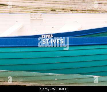 Boats in the harbour of St Ives ,Cornwall on a misty summer's morning. Stock Photo