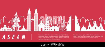 ASEAN famous landmark silhouette with red and white color design,vector illustration Stock Vector