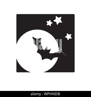 Bat silhouettein front of moon and stars vector icon. Solid black Halloween symbol. Stock Vector