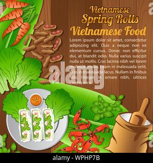 Food ingredients elements set banner on wooden background,Vietnam,vector illustration Stock Vector