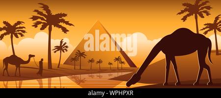 Camel drink water in oasis desert nearby Pyramid,silhouette cartoon design,vector illustration Stock Vector