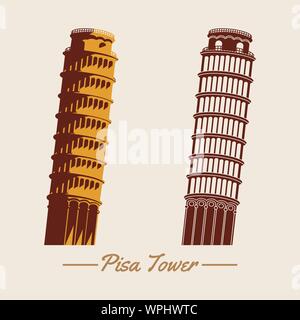 Pisa tower within two design,silhouette and cartoon version,famous landmark and travel of Italy,vector illustration,vintage color design Stock Vector