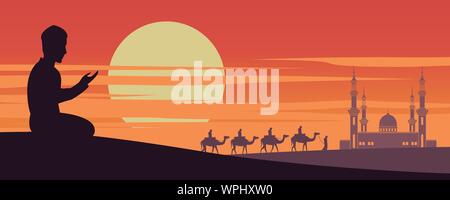 Muslim man pray while caravan Muslim ride camel to mosque of Dubai on sunset time,the tradition of Arabian,silhouette design,vector illustration Stock Vector