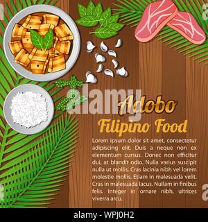food ingredients elements set banner on wooden background,Philippines,vector illustration Stock Vector